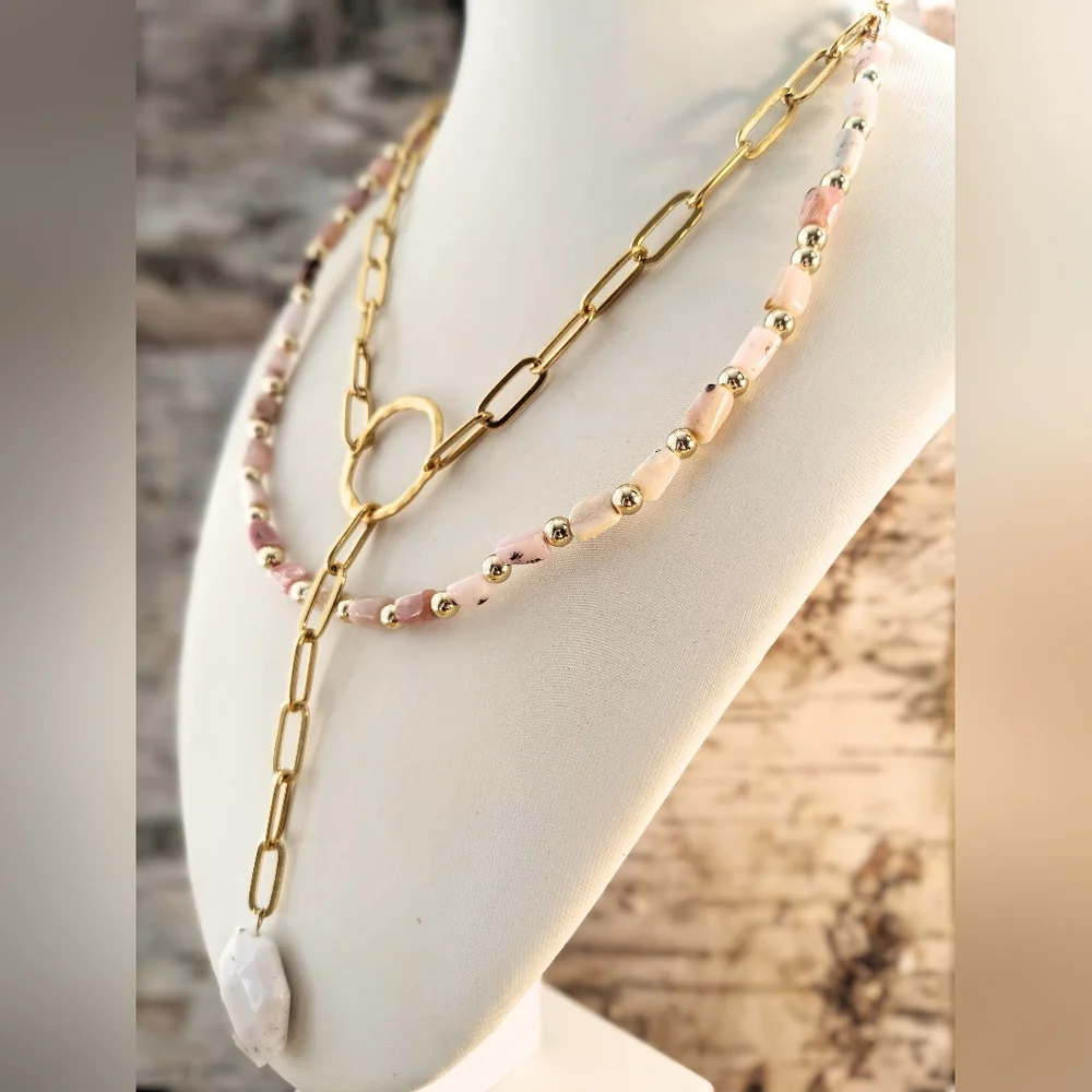 Natural Peruvian Pink Opal Beads & Pendant In Two Strand Paperclip Necklace